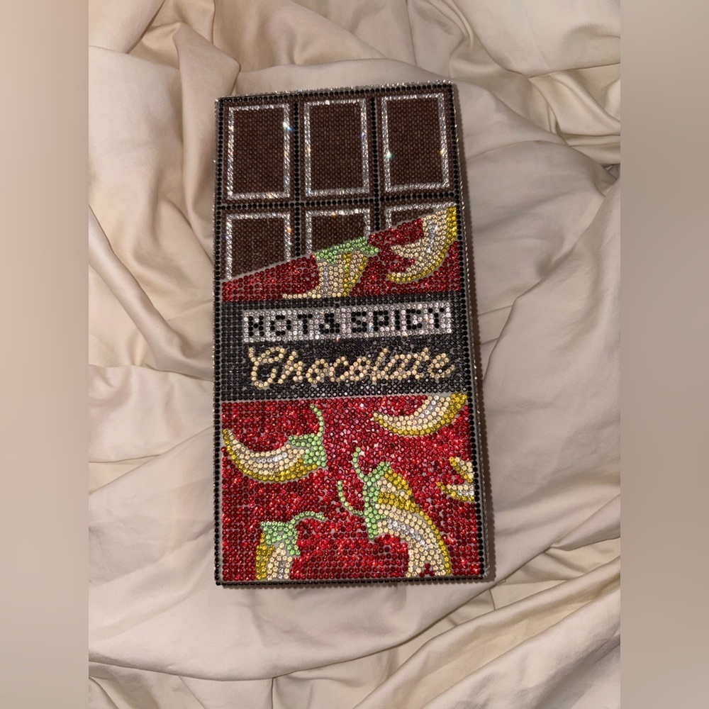 NIB- whimsical unique
Hot & Spicy Chocolate rhinestone Clutch
Gold chain, Bag